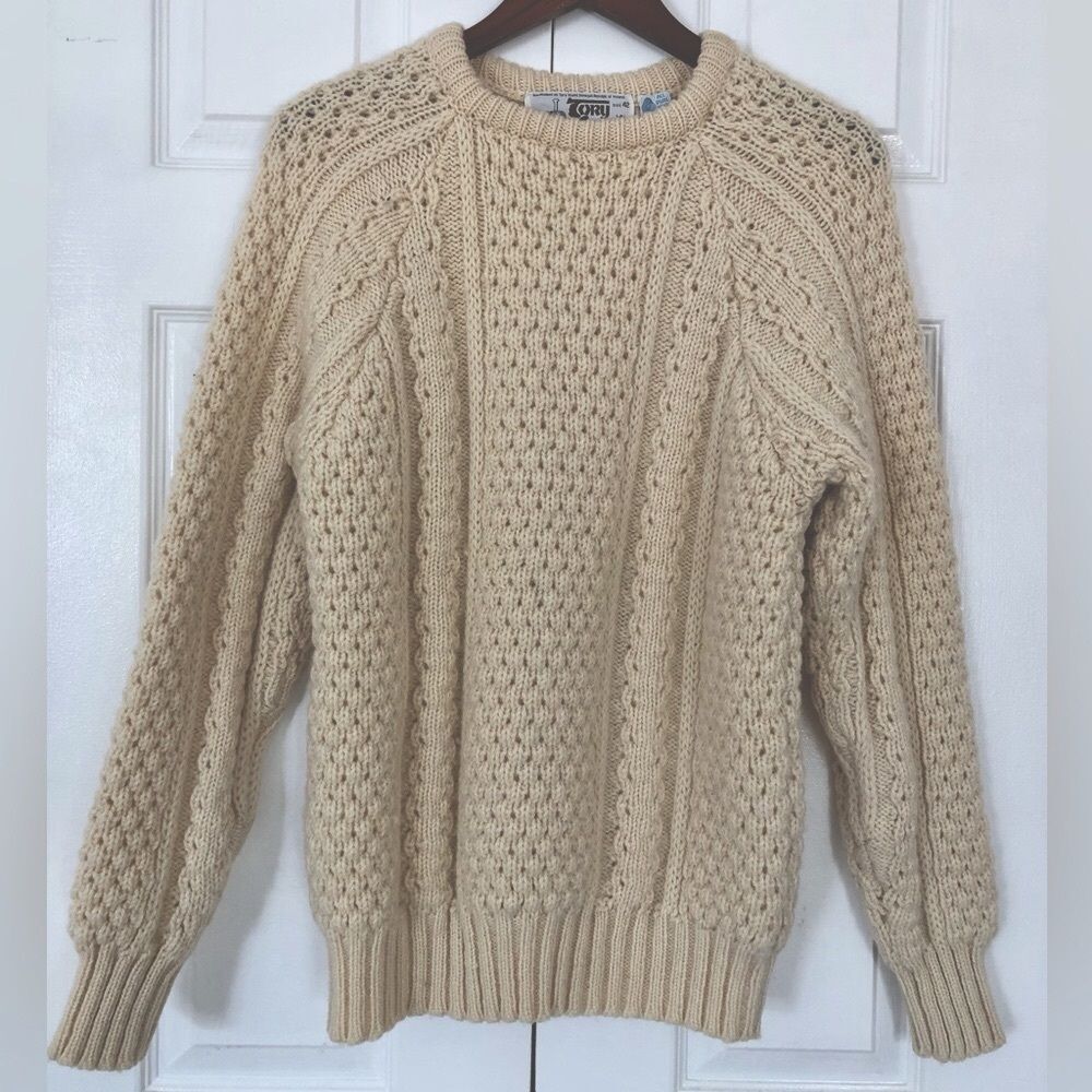 Vintage Wool Sweater Cream Aran Pullover Crew Neck Fisherman Sweater Size M
